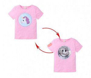 Детская футболка с пайетками, принт "Единорог/смайл", цвет розовый