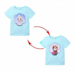 Детская футболка с пайетками, принт "Эльза/Анна", цвет голубой