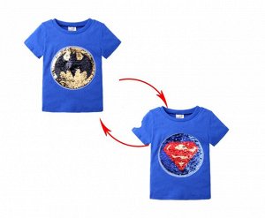 Детская футболка с пайетками, принт "Супермен/бетмен", цвет синий