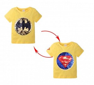 Детская футболка с пайетками, принт "Супермен/бетмен", цвет желтый