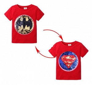 Детская футболка с пайетками, принт "Супермен/бетмен", цвет красный