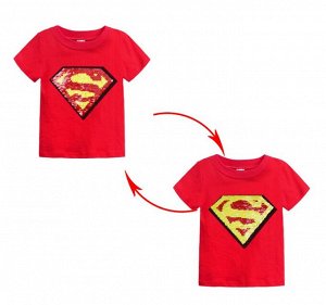 Детская футболка с пайетками, принт "Супермен", цвет красный