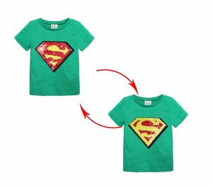 Детская футболка с пайетками, принт "Супермен", цвет зеленый