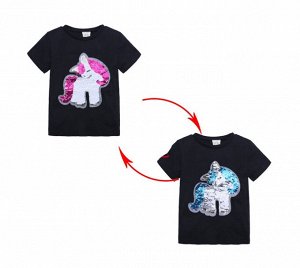 Детская футболка с пайетками, принт "Пони", цвет черный