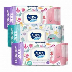 Салфетки влажные детские Aura Ultra Comfort 200 шт. с клапаном