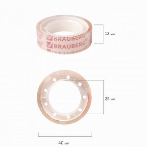 Клейкие ленты 12мм х 10м канцелярские BRAUBERG, КОМПЛЕКТ 12 шт., прозрачные гарантир. длина, 223122