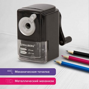 Точилка механическая BRAUBERG &quot;STYLE&quot;, для ч/гр и цветных карандашей (в том числе утолщенных), крепление к столу, корпус черный, 228482