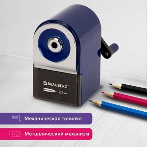 Точилка механическая BRAUBERG &quot;ORIGINAL&quot;, для чернографитных и цветных карандашей, крепление к столу, корпус синий, 228480