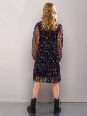 Платье "Рюша по горловине и рукав сетка" разноцветный