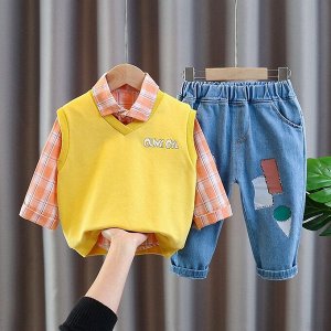 Детский костюм (рубашка в клетку, цвет оранжевый, жилет, цвет желтый + джинсы с вышивкой)