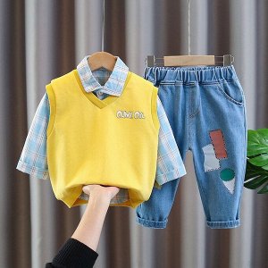 Детский костюм (рубашка в клетку, цвет голубой, жилет, цвет желтый + джинсы с вышивкой)