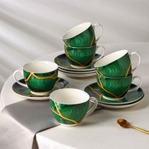 Сервиз фарфоровый чайный Доляна «Малахитовая шкатулка», 12 предметов: 6 чашек 250 мл, 6 блюдец d=15 см