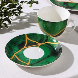 Чайная пара фарфоровая Доляна «Малахитовая шкатулка», 2 предмета: чашка 250 мл, блюдце d=15 см, цвет зелёный