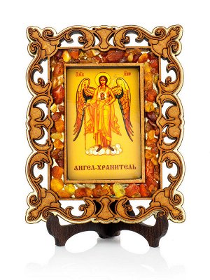 Иконка в резной деревянной оправе с магнитом, украшенная янтарём «Ангел Хранитель»