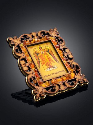 amberholl Иконка в резной деревянной оправе с магнитом, украшенная янтарём «Ангел Хранитель»