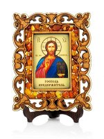 Иконка в резной деревянной оправе с магнитом, украшенная янтарём «Господь Вседержитель»