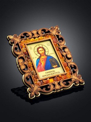 Иконка в резной деревянной оправе с магнитом, украшенная янтарём «Господь Вседержитель»