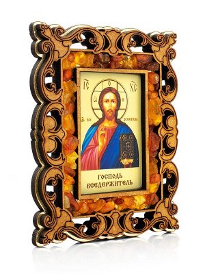 Иконка в резной деревянной оправе с магнитом, украшенная янтарём «Господь Вседержитель»