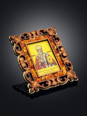 Магнитная иконка в резной деревянной рамке с янтарем  «Святитель Николай Чудотворец»