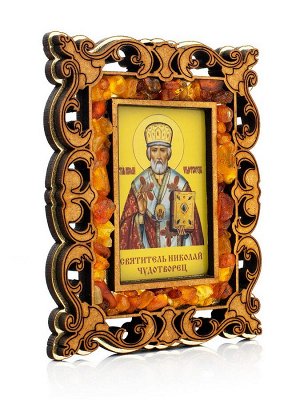 Магнитная иконка в резной деревянной рамке с янтарем  «Святитель Николай Чудотворец»