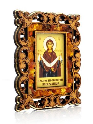 Небольшая икона-магнит в резной деревянной рамке с янтарем «Покров Пресвятой Богородицы»