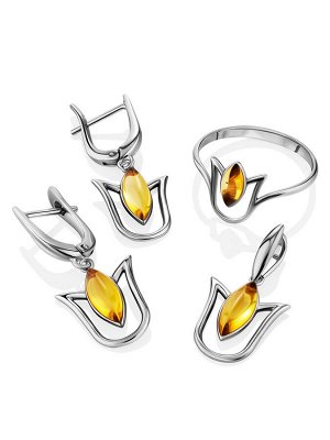 Нежное кольцо «Тюльпан» из серебра и лимонного янтаря