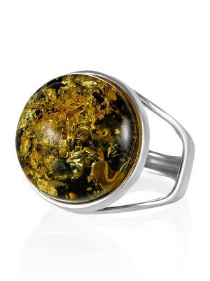 Серебряное кольцо с искрящимся зелёным янтарём «Глянец»