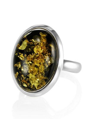Серебряное кольцо с натуральным янтарём зелёного цвета «Глянец»