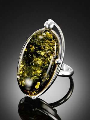 Серебряное кольцо с натуральным янтарём зелёного цвета «Маньяна»