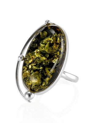 Серебряное кольцо с натуральным янтарём зелёного цвета «Маньяна»