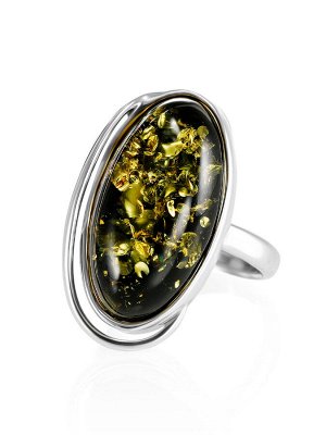 Серебряное кольцо с натуральным янтарём зелёного цвета «Медиана»