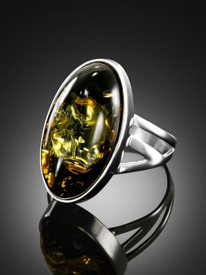 Элегантное овальное кольцо с тёмно-зелёным янтарём «Глянец»