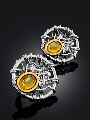 Стильные серьги «Гнездо» из натурального янтаря