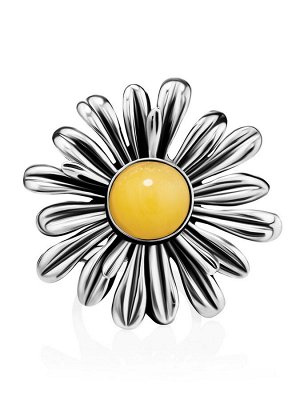 Эффектное кольцо из серебра с янтарём медового цвета «Ромашка»