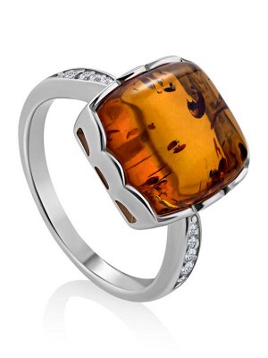 Эффектное серебряное кольцо «Ренессанс» с янтарём и фианитами