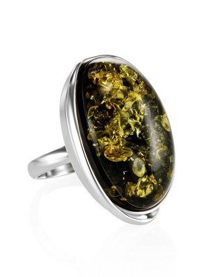 Эффектное серебряное кольцо с натуральным зелёным искрящимся янтарем «Лагуна»