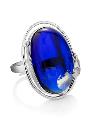 Яркое кольцо из серебра и янтаря голубого цвета «Элегия»