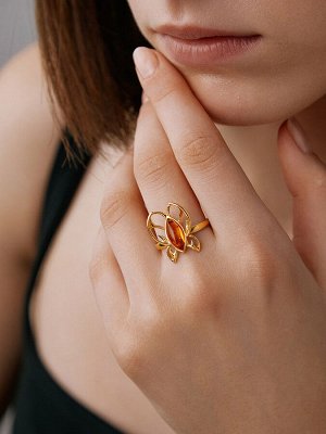 Ажурное кольцо-бабочка из позолоченного серебра и янтаря «Апрель»