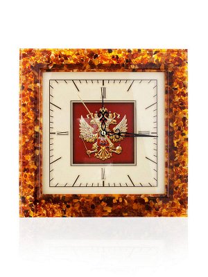 Часы квадратной формы «Герб России» в раме из живописной янтарной мозаики