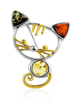 Ажурная брошь «Котёнок» с янтарём разных оттенков