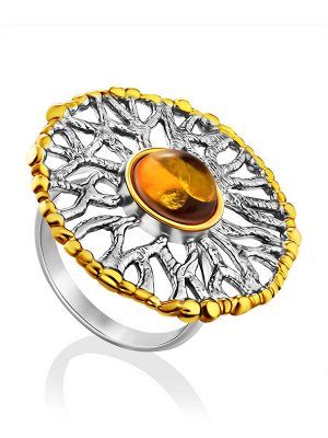 Крупное ажурное кольцо из серебра и натурального янтаря «Алхимия»