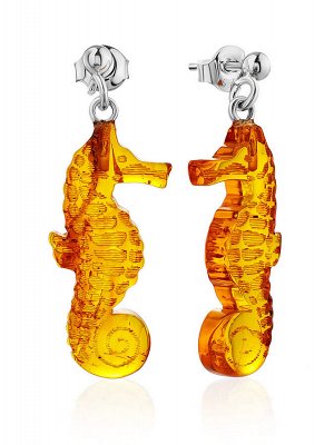 Очаровательные серьги из серебра с натуральным янтарём золотисто-лимонного цвета «Морской конёк»
