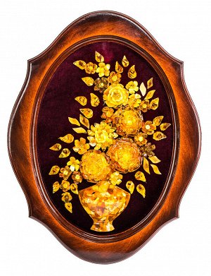 Панно из натурального янтаря на вишнёвом бархате «Цветы в вазе» овальное 42х32 см