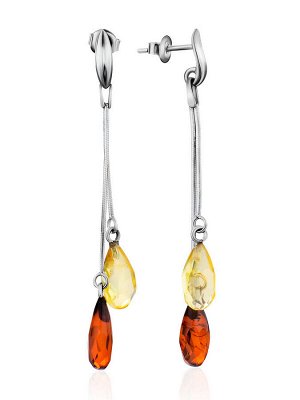 Удлинённые серьги-гвоздики с натуральным янтарём «Алмазные капли»