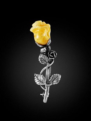 Легкая женственная брошь с натуральным медовым янтарем «Роза»