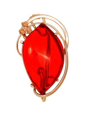Нарядная брошь «Венето» из позолоченного серебра и янтаря ярко-красного цвета