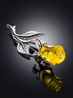 Нарядная брошь с натуральным янтарем лимонного цвета «Роза»