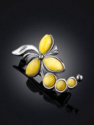 Нежная серебряная брошь с натуральным балтийским янтарём медового цвета «Орхидея»