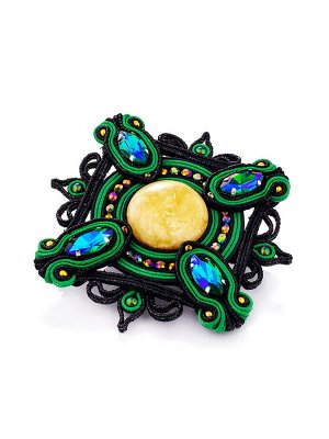 Яркая плетёная брошь, украшенная натуральным янтарём и кристаллами «Индия»