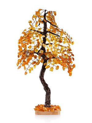 Декоративное денежное дерево с натуральным янтарём на деревянной подставке